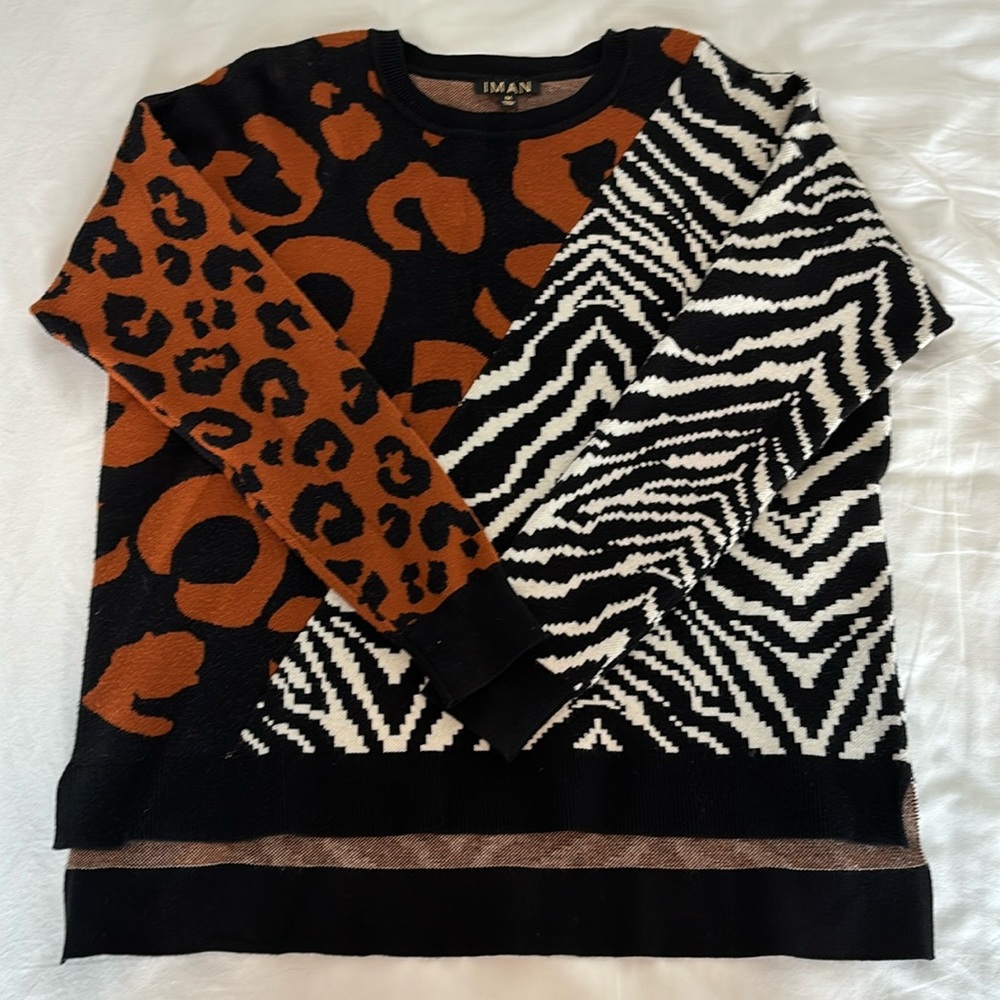Iman Zebra And Leopard Print Asymmetrical Sweater - image 1